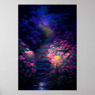 Midnight Garden Stairs Poster