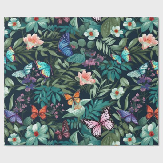 Midnight Garden Vlinder en Bloemen Cadeaupapier (Vlak)