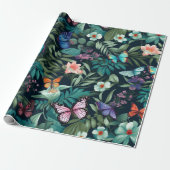 Midnight Garden Vlinder en Bloemen Cadeaupapier (Uitgerold)