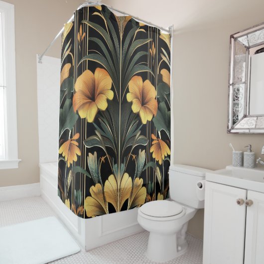 Midnight Gold Bloom Art Deco Douchegordijn (In situ)