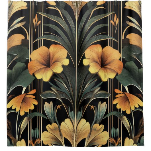Midnight Gold Bloom Art Deco Douchegordijn (Voorkant)