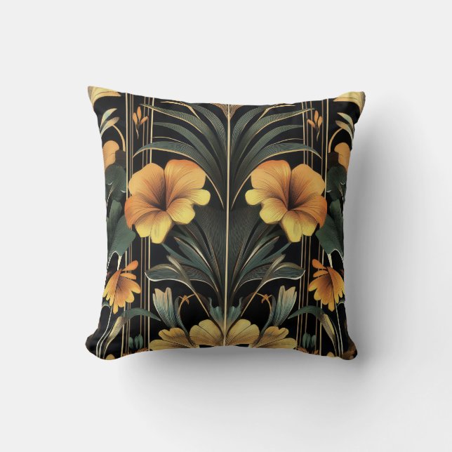 Midnight Gold Bloom Art Deco Kussen (Voorkant)