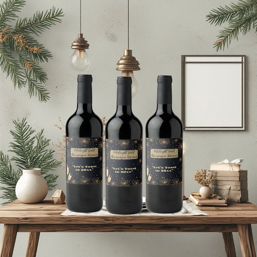 Midnight Gold Champagne Dreams Bubbly New Year Fun Wijn Etiket