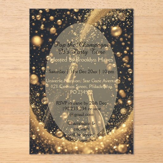 Midnight Gold Champagne Dreams New Year Bubbly Fun Acryl Uitnodigingen (Voorkant)