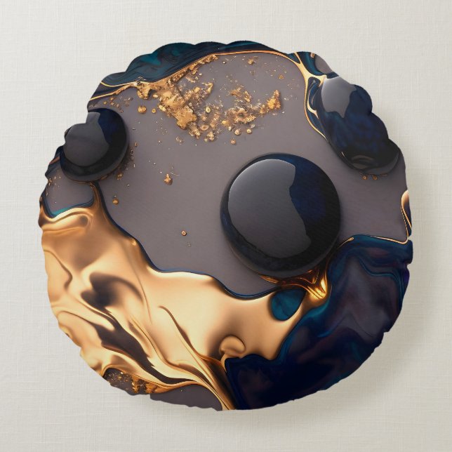 Midnight Gold Liquid Marble Rond Kussen (Voorkant)