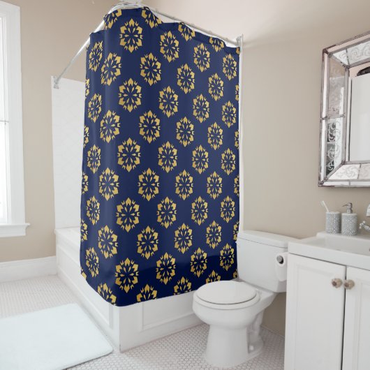 Midnight Gold: Luxe geometrisch patroon op Deep Bl Douchegordijn (In situ)