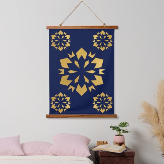 Midnight Gold: Luxe geometrisch patroon op Deep Bl Hangend Wandkleed (Slaapkamer)