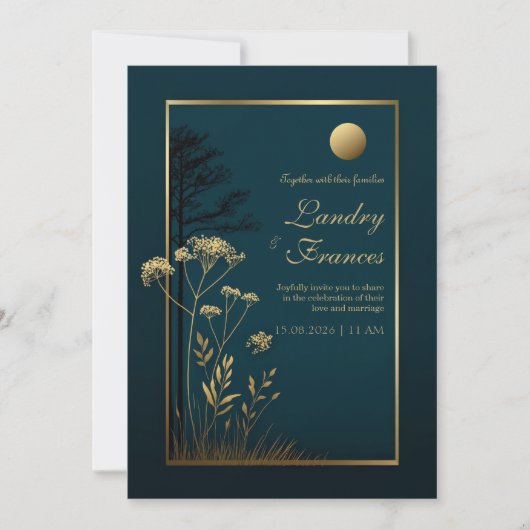 Midnight Gold Moon Botanical Wedding Kaart (Voorkant)