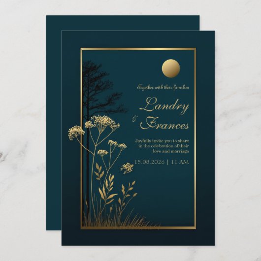 Midnight Gold Moon Botanical Wedding Kaart (Voorkant / Achterkant)