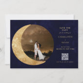 Midnight Gold Moon Stars Foto QR Code Huwelijk Save The Date (Achterkant)