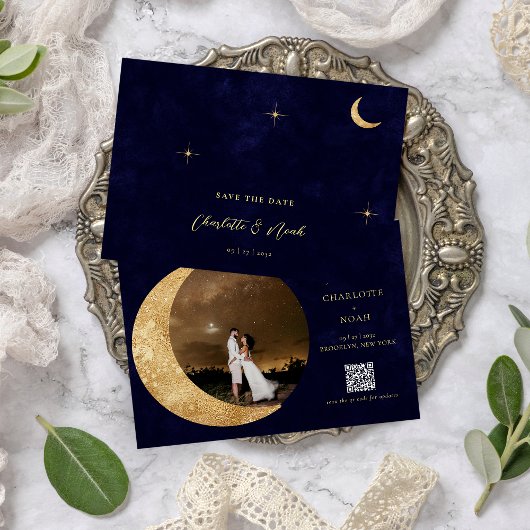 Midnight Gold Moon Stars Foto QR Code Huwelijk Save The Date