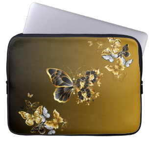 Midnight Gold Vlinder – Bloemige Harmonie Glow Laptop Sleeve