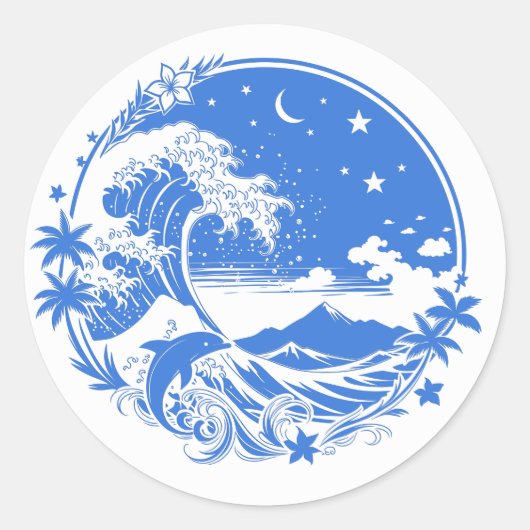 Midnight Hawaii: Wave, Dolphin & Haleakala Ronde Sticker (Voorkant)