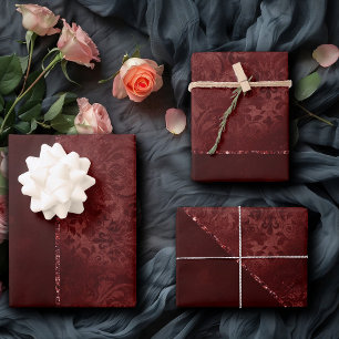 Midnight Henna Romance   Red Satiny Grunge Damask Inpakpapier Vel