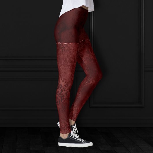 Midnight Henna Romance | Red Satiny Grunge Damask Leggings
