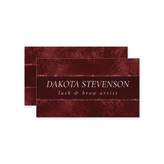 Midnight Henna Romance | Red Satiny Grunge Damask Visitekaartje (Voorkant / Achterkant in situ)