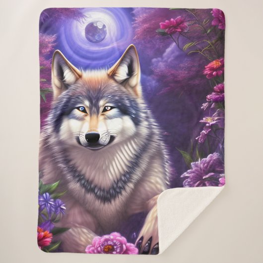 Midnight Howl Floral Wolf Sherpa Deken (Voorkant)