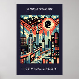 Midnight in de stad die nooit slaapt Art Deco Poster