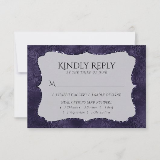 Midnight Indigo Romance | Satiny Damask Entree RSVP Kaartje (Voorkant)