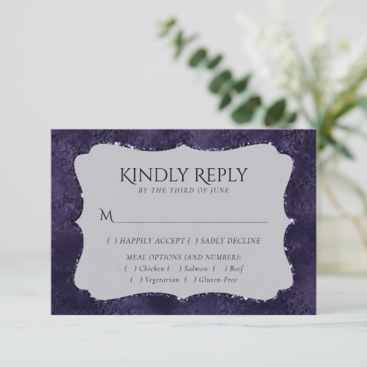 Midnight Indigo Romance | Satiny Damask Entree RSVP Kaartje (Staand voorkant)