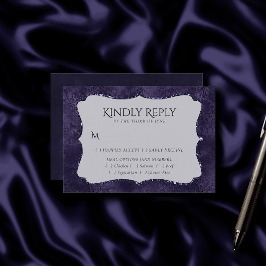 Midnight Indigo Romance | Satiny Damask Entree RSVP Kaartje