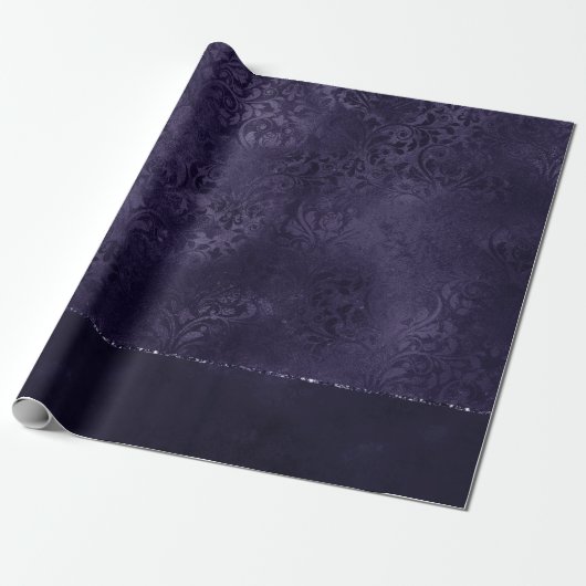 Midnight Indigo Romance | Satiny Grunge Damask Cadeaupapier (Uitgerold)