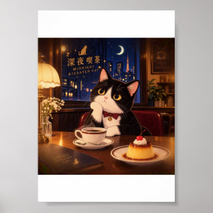 Midnight Kissaten Kat Poster Japanse Retro Café
