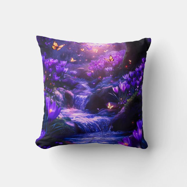 Midnight Lavender Cascade Bloesems Kussen (Voorkant)