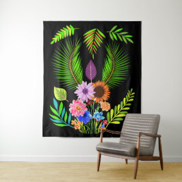 Midnight Leaves & Botanische bloemen op zwart Wandkleed