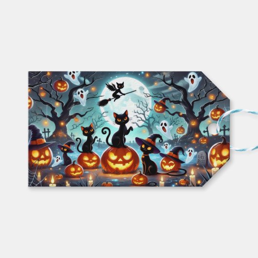 Midnight Magic: Black Cats & Pumpkins Halloween Cadeaulabel (Voorkant (Horizontaal))