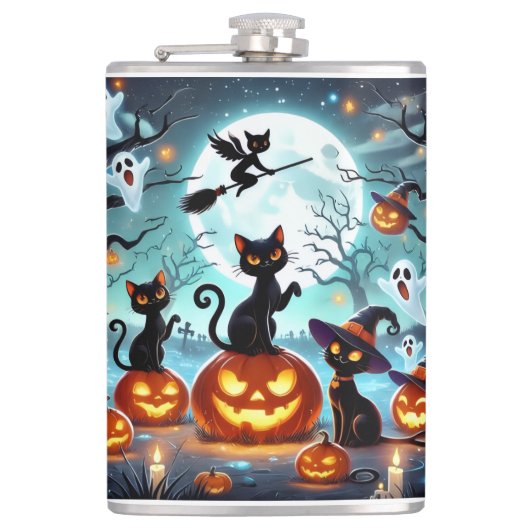 Midnight Magic: Black Cats & Pumpkins Halloween Heupfles (Voorkant)