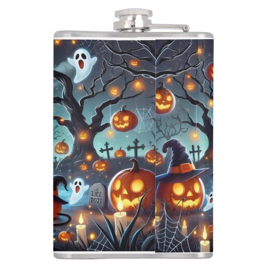 Midnight Magic: Black Cats & Pumpkins Halloween  Heupfles (Achterkant)