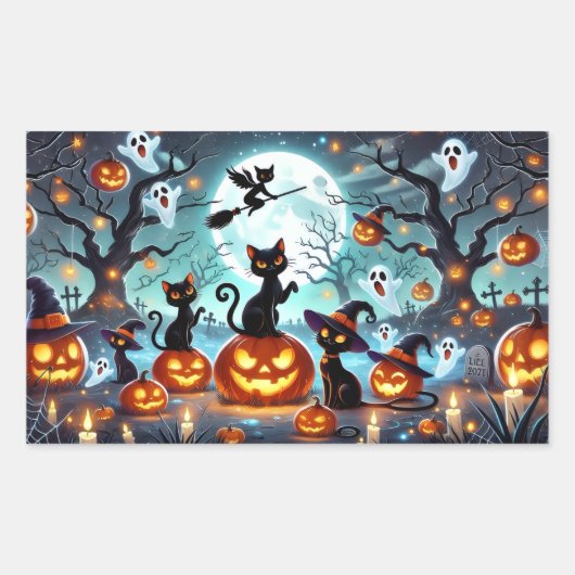 Midnight Magic: Black Cats & Pumpkins Halloween Rechthoekige Sticker (Voorkant)