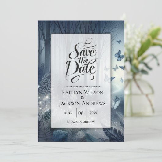 Midnight Magic en maanverlichte vleugels bruiloft Save The Date (Staand voorkant)