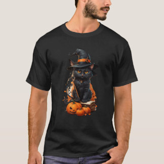 Midnight Magic Kleurrijke Zwarte Kat Pompoen Hallo T-shirt