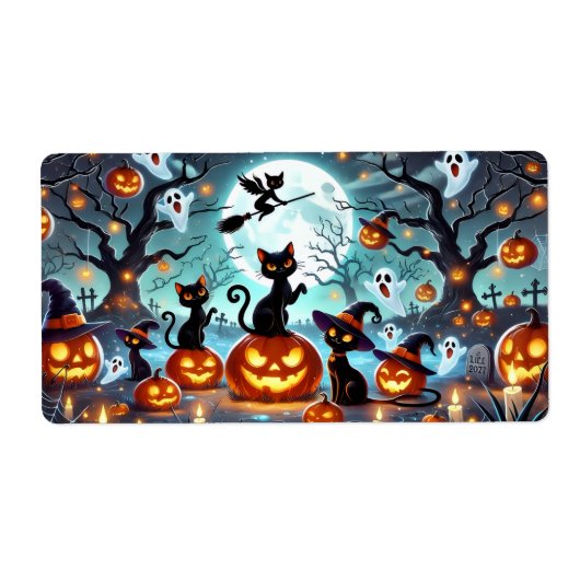 Midnight Magic: Zwarte Katten & Pompoenen Hallowee Etiket (Voorkant)