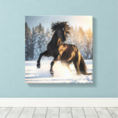 Midnight Majesty – Black Stallion in Winter Snow Canvas Afdruk (Insitu (Houten vloer))