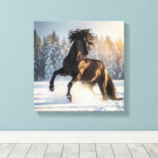 Midnight Majesty – Black Stallion in Winter Snow Canvas Afdruk (Insitu (Houten vloer))