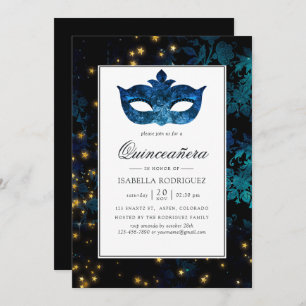 Midnight Masquerade Damask Quinceañera Kaart