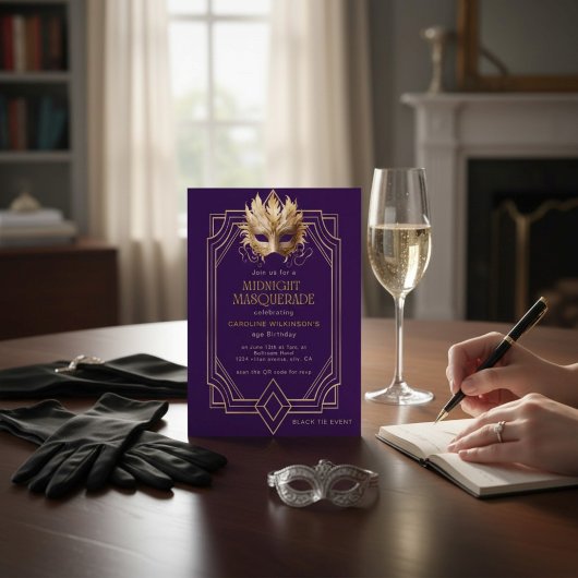 Midnight Masquerade Gold Feather Mask Purple Kaart