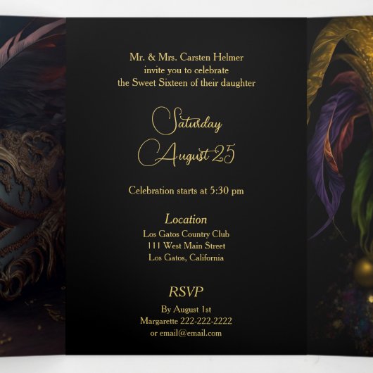 Midnight Masquerade Sweet 16 Feestuitnodiging Drieluik Uitnodiging (Binnenkant midden)