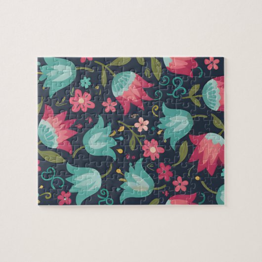 Midnight Meadow: Enchanting Folk-Art Tulip Pattern Legpuzzel (Horizontaal)