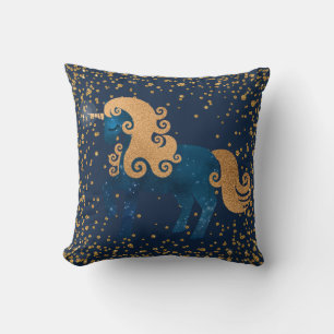 Midnight Navy Blauw en Goud Eenhoorn met Confetti Kussen