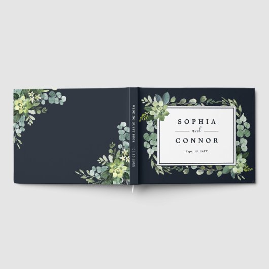 Midnight Navy Blauw Succulent Bruiloft Gastenboek (Volledig)