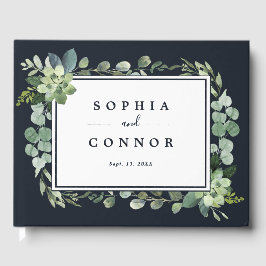 Midnight Navy Blauw Succulent Bruiloft Gastenboek