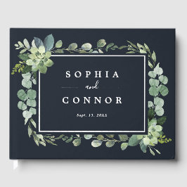 Midnight Navy Blauw Succulent Bruiloft Gastenboek