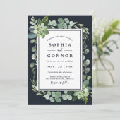 Midnight Navy Blauw Succulent Bruiloft Kaart (Staand voorkant)