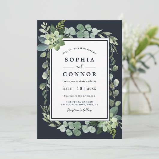 Midnight Navy Blauw Succulent Bruiloft Kaart (Staand voorkant)