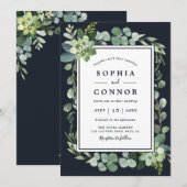 Midnight Navy Blauw Succulent Bruiloft Kaart (Voorkant / Achterkant)