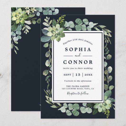 Midnight Navy Blauw Succulent Bruiloft Kaart (Voorkant / Achterkant)